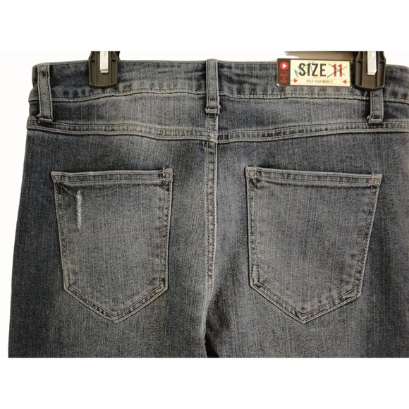 Cello High Rise Vinatage Wash Jeans Faded Dark Blue Distressed Flare Size 11 - Picture 5 of 8